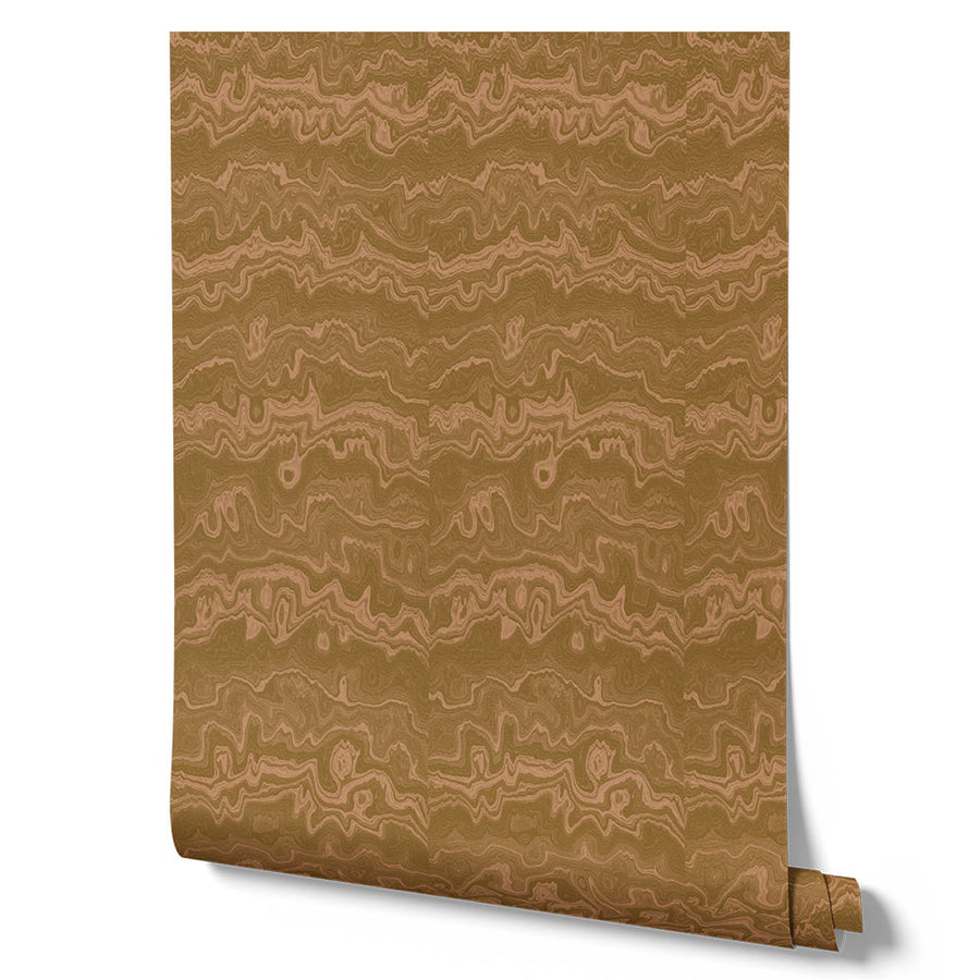 Wallpaper from the Tim Neve collection by Urban Road, with golden woodgrain swirls and bold lines in a rich, warm palette.