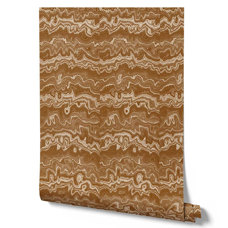 Wallpaper from the Tim Neve collection by Urban Road, featuring terracotta woodgrain patterns with bold curved shapes.