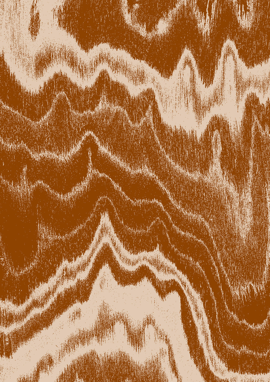 Wallpaper from the Tim Neve collection by Urban Road, featuring terracotta woodgrain patterns with bold curved shapes.