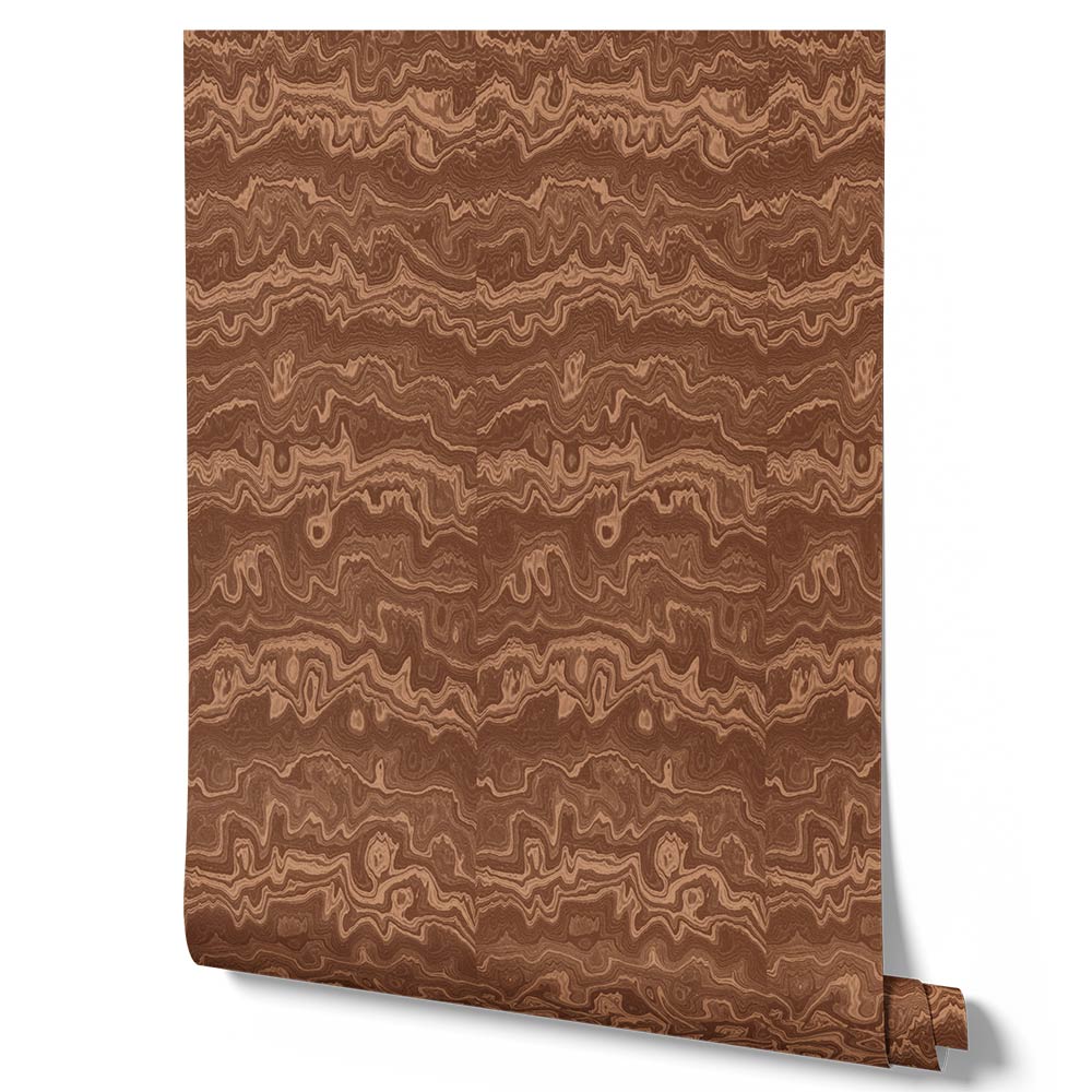Wallpaper from the Tim Neve collection by Urban Road, showcasing copper-toned swirls and layered abstract shapes in a rich, warm pattern.