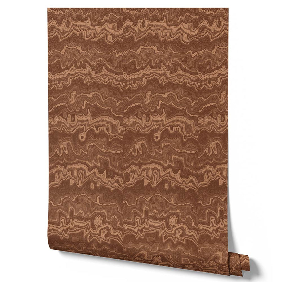 Wallpaper from the Tim Neve collection by Urban Road, showcasing copper-toned swirls and layered abstract shapes in a rich, warm pattern.