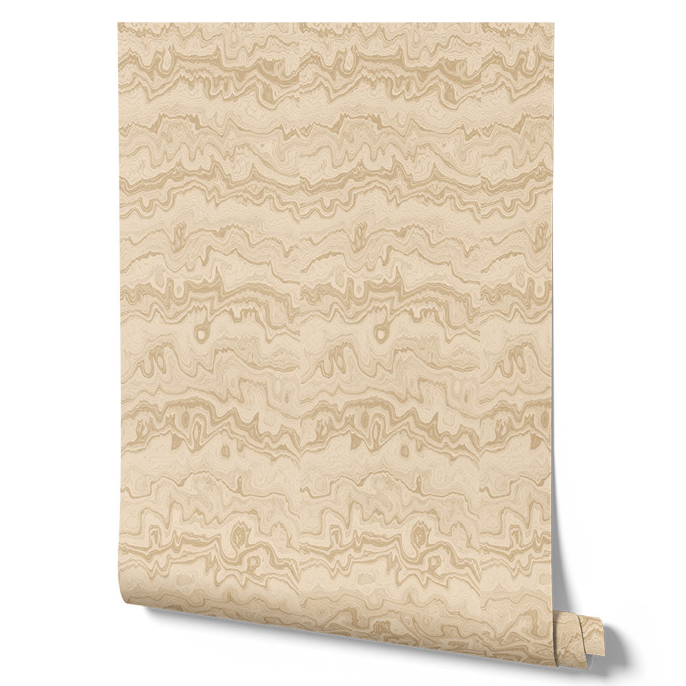 Wallpaper from the Tim Neve collection by Urban Road, featuring taupe woodgrain textures and curved abstract lines in a neutral palette.