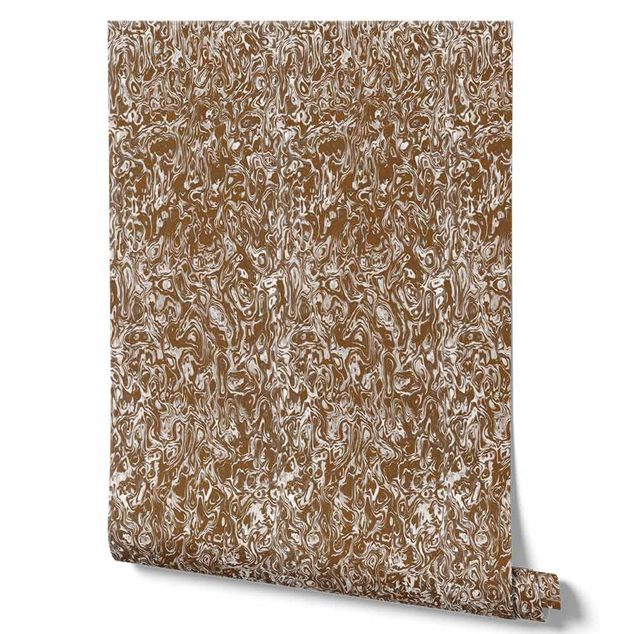 Wallpaper from the Tim Neve collection by Urban Road, with rust marbling and bold swirling lines in warm earthy tones.