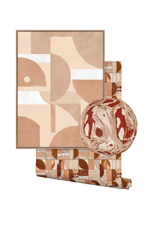 An animated collage of abstract artwork, matching wallpaper, and a cushion on a transparent background.