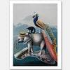 Experience a whimsical scene with "A Grand Adventure Unframed Art Print" by Urban Road: an elephant in a hat on a magic carpet, joined by a monkey and peacock, floats above an urban road and cloudy sky—a charming fine art piece for any space.