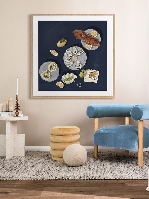 Family Gathering Deep Blue Framed Art Print | Lifestyle