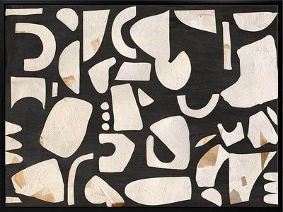Embracing Asymmetry Black II by Urban Road features textured white shapes and light brown accents on a black background—ideal black and beige wall art for a bold, modern statement. Black box frame canvas, 75x100cm landscape, now on sale.