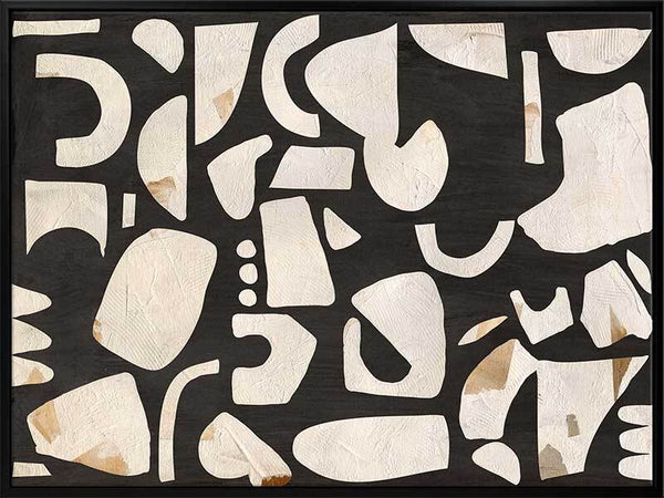 Embracing Asymmetry Black II by Urban Road features textured white shapes and light brown accents on a black background—ideal black and beige wall art for a bold, modern statement. Black box frame canvas, 75x100cm landscape, now on sale.