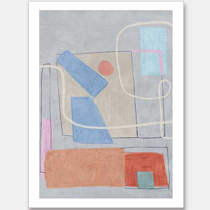 The Contemporary Expression II Unframed Art Print by Urban Road AUS showcases overlapping blue, orange, pink, and beige geometric shapes on gray, accented by a wavy white line—a striking example of minimalist abstract art.