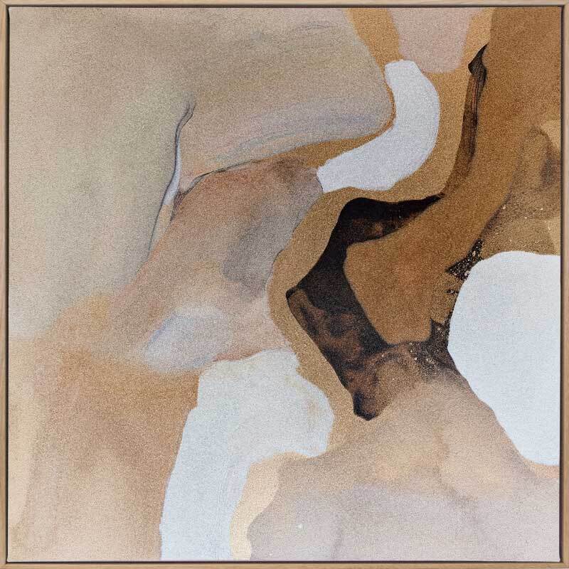 The Dune Dance II Oak Box Frame Canvas by Urban Road (90x90) features abstract, flowing shapes in beige, brown, and tan with white and black accents. Organic lines and overlays add movement and depth to this modern art print.