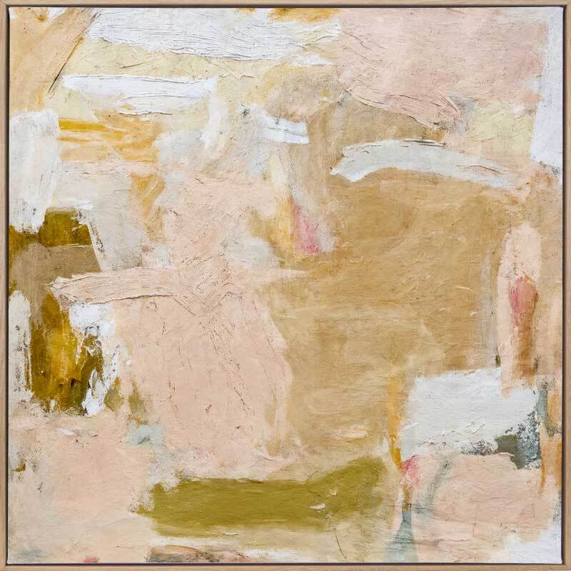 Nurture II by Urban Road features soft, overlapping tones of beige, white, cream, and muted olive green. This 90x90cm abstract canvas art print comes in an oak box frame and is on sale, offering a serene and airy composition.