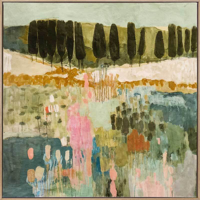 The "Finding Your Way III" by Urban Road features abstract landscape art with tall dark trees on green hills and a colorful foreground, presented on a 90x90 oak box frame canvas.