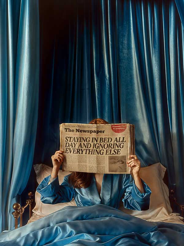 A person in blue pajamas sits in bed with blue curtains, holding a newspaper reading "Staying in bed all day and ignoring everything else"—the ideal scene for Urban Road’s Morning Gossip Canvas Art Print.