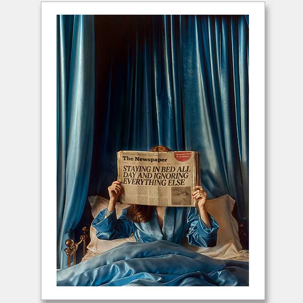 The Morning Gossip Unframed Art Print by Urban Road features a person in blue pajamas reading a "STAYING IN BED ALL DAY AND IGNORING EVERYTHING ELSE" newspaper, adding subtle Palm Springs elegance to any space.