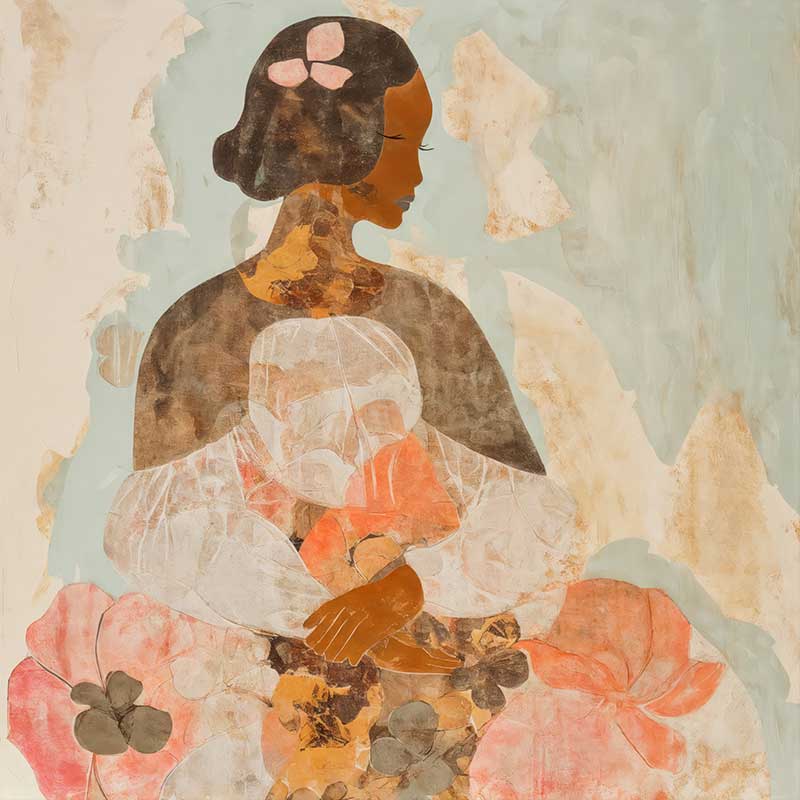 A feminine floral art print titled Dreaming of Marigolds, featuring a portrait of a woman in soft marigold, pink, and beige hues with layered, transparent floral elements.