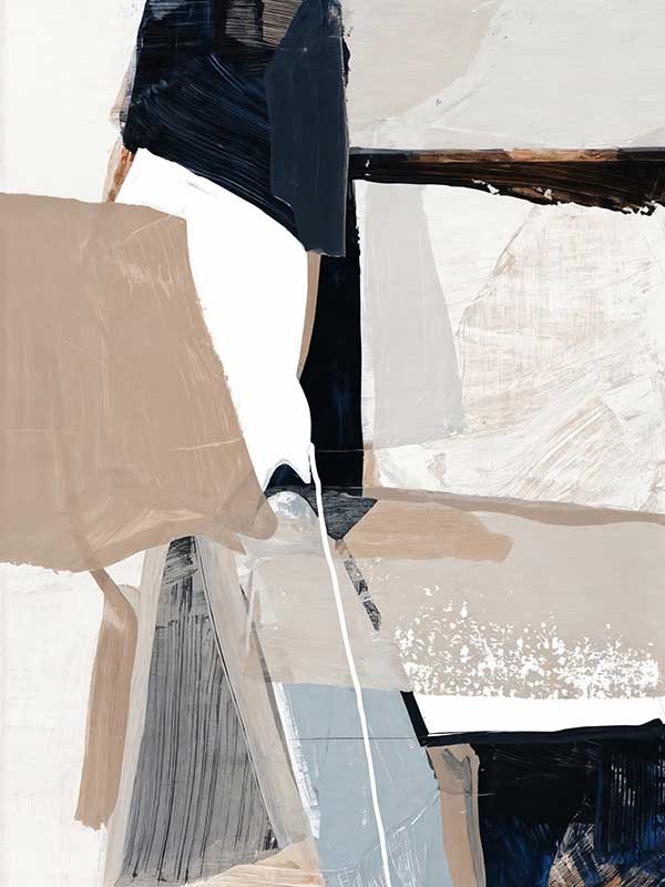 An abstract wall art print titled Equilibrium I, featuring bold brushstrokes, layered textures, and a mix of navy, beige, and white tones with paint splatter details.