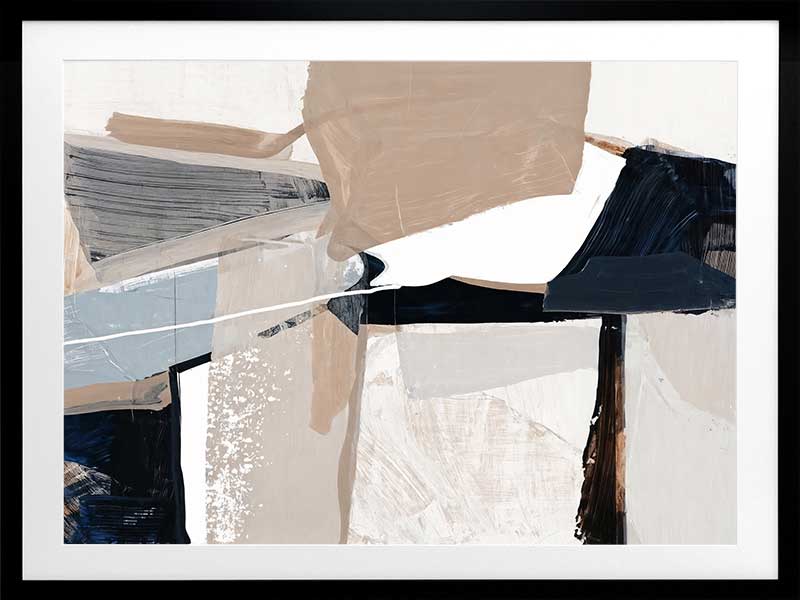 A framed Equilibrium I art print hanging in a modern living space. The artwork features bold brushstrokes in navy, beige, and white, styled with a textured armchairs and neutral decor.