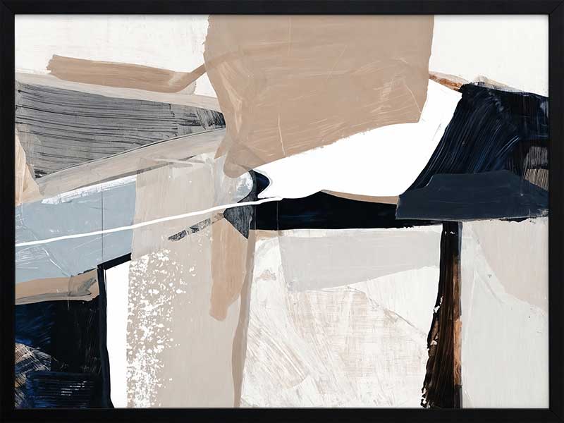 A framed Equilibrium I art print hanging in a modern living space. The artwork features bold brushstrokes in navy, beige, and white, styled with a textured armchairs and neutral decor.