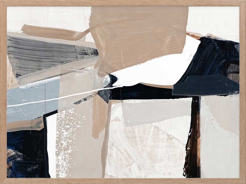 A framed Equilibrium I art print hanging in a modern living space. The artwork features bold brushstrokes in navy, beige, and white, styled with a textured armchairs and neutral decor.