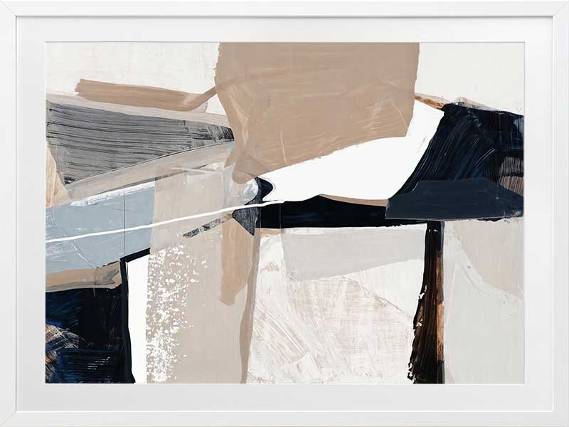 A framed Equilibrium I art print hanging in a modern living space. The artwork features bold brushstrokes in navy, beige, and white, styled with a textured armchairs and neutral decor.