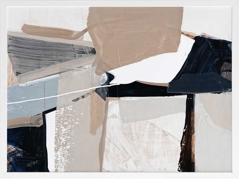 A framed Equilibrium I art print hanging in a modern living space. The artwork features bold brushstrokes in navy, beige, and white, styled with a textured armchairs and neutral decor.