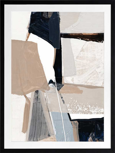 A framed Equilibrium I art print hanging in a modern living space. The artwork features bold brushstrokes in navy, beige, and white, styled with a textured armchairs and neutral decor.