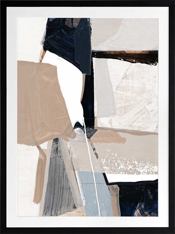 A framed Equilibrium I art print hanging in a modern living space. The artwork features bold brushstrokes in navy, beige, and white, styled with a textured armchairs and neutral decor.