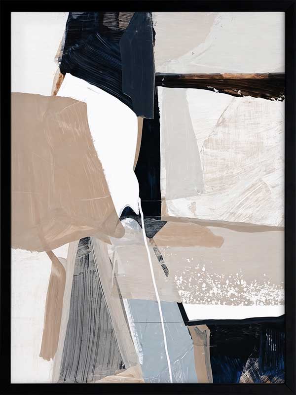 A framed Equilibrium I art print hanging in a modern living space. The artwork features bold brushstrokes in navy, beige, and white, styled with a textured armchairs and neutral decor.