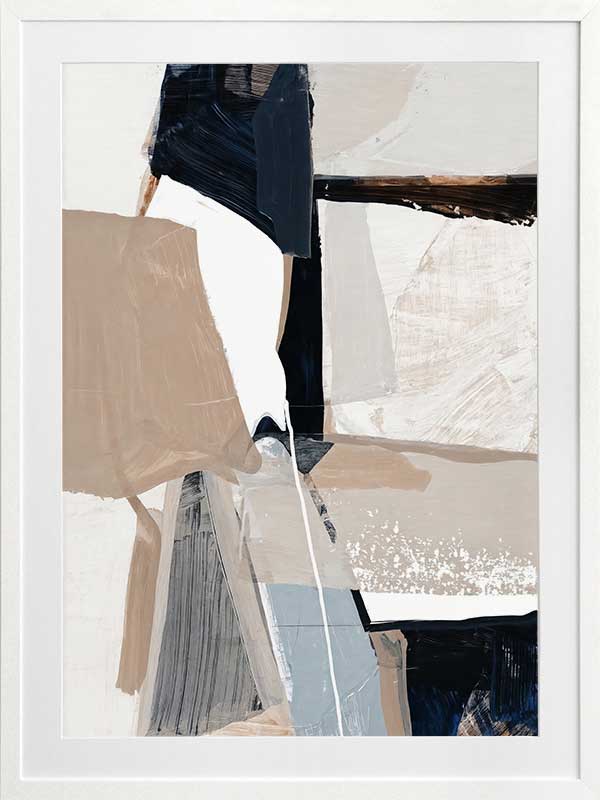 A framed Equilibrium I art print hanging in a modern living space. The artwork features bold brushstrokes in navy, beige, and white, styled with a textured armchairs and neutral decor.