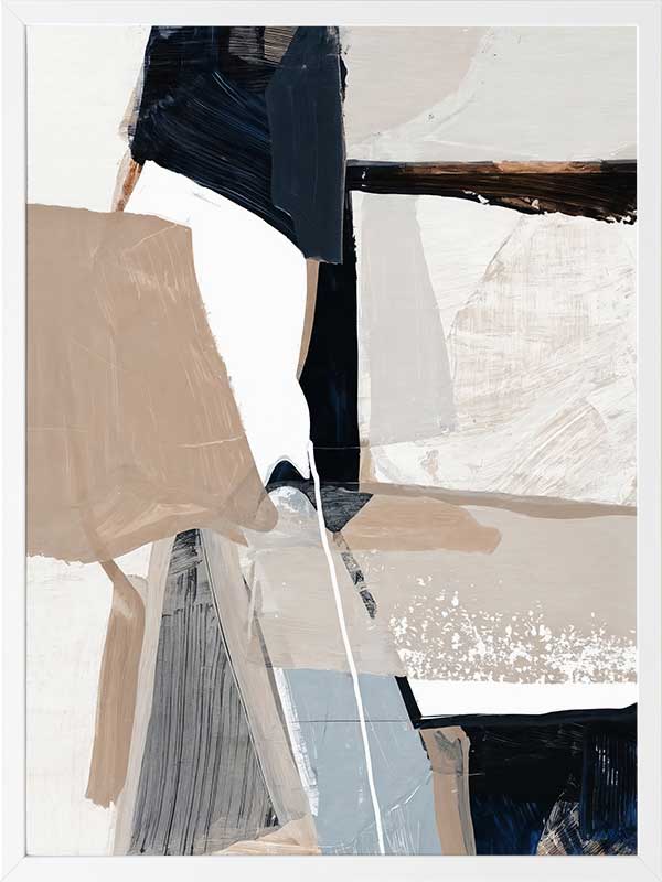 A framed Equilibrium I art print hanging in a modern living space. The artwork features bold brushstrokes in navy, beige, and white, styled with a textured armchairs and neutral decor.