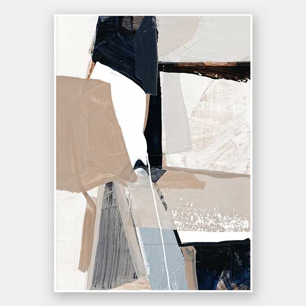 An abstract wall art print titled Equilibrium I, featuring bold brushstrokes, layered textures, and a mix of navy, beige, and white tones with paint splatter details.
