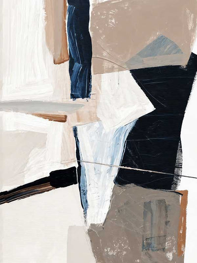 An abstract art print titled Equilibrium III, featuring bold brushstrokes, layered textures, and a colour palette of navy, beige, black, and white with paint splatter details.