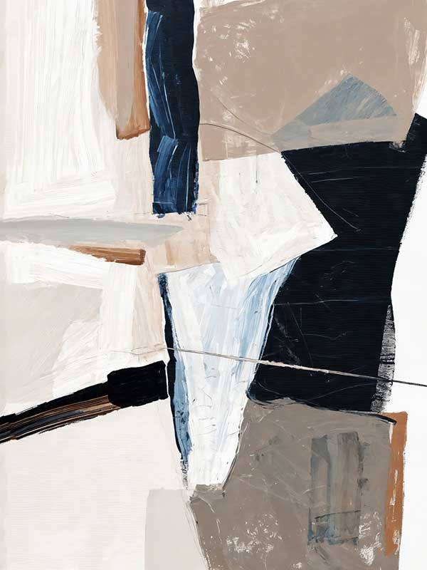 An abstract art print titled Equilibrium III, featuring bold brushstrokes, layered textures, and a colour palette of navy, beige, black, and white with paint splatter details.