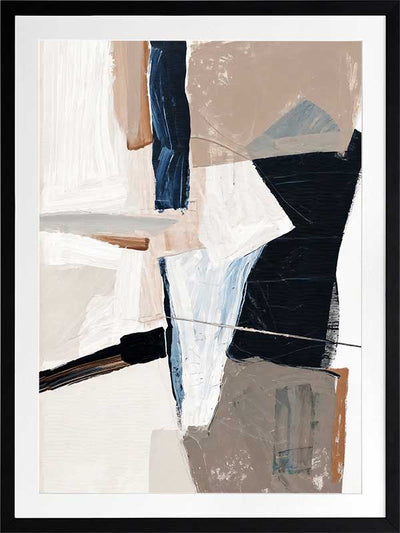 A framed Equilibrium III art print hanging in a bright, modern entryway. The artwork features bold navy, beige, and white brushstrokes, paired with a bench and woven decor accents.