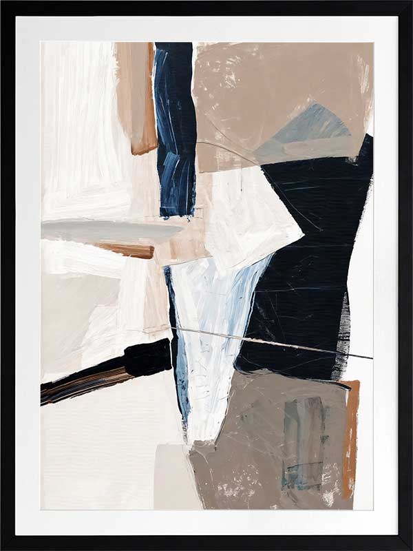 A framed Equilibrium III art print hanging in a bright, modern entryway. The artwork features bold navy, beige, and white brushstrokes, paired with a bench and woven decor accents.