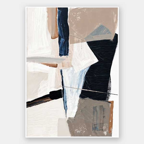 An abstract art print titled Equilibrium III, featuring bold brushstrokes, layered textures, and a colour palette of navy, beige, black, and white with paint splatter details.