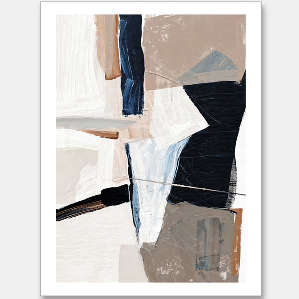 An abstract art print titled Equilibrium III, featuring bold brushstrokes, layered textures, and a colour palette of navy, beige, black, and white with paint splatter details.