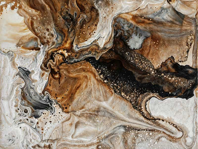 An abstract art print titled Terrain Tides I, featuring fluid, swirling pigments in earthy brown, black, and beige tones. The design mimics the movement of natural tidal waves.