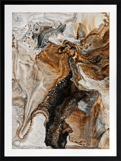 A framed Terrain Tides I art print hanging above a light-toned bench in a modern living room. The abstract artwork features swirling brown, black, and beige tones, complementing neutral decor.