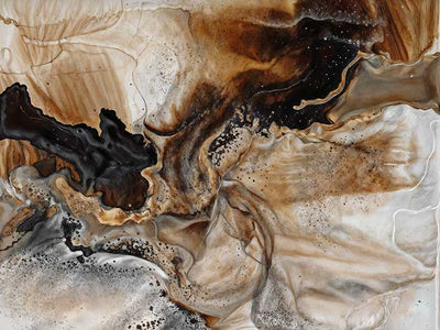 An abstract art print titled Terrain Tides II, featuring fluid, organic swirls in rich brown, beige, and black tones. The design mimics the natural movement of water and earth.