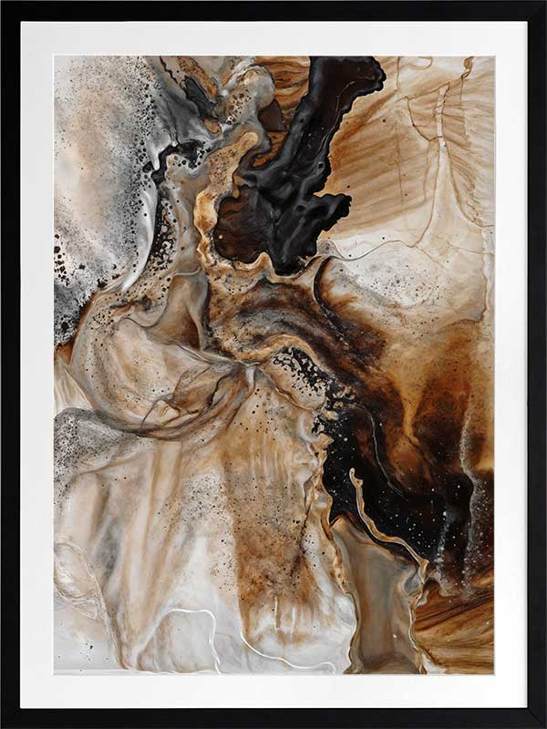 A framed Terrain Tides II art print displayed in a neutral-toned living space. The abstract artwork features earthy browns, black, and beige, complementing the warm, minimalist decor.