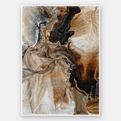 An abstract art print titled Terrain Tides II, featuring fluid, organic swirls in rich brown, beige, and black tones. The design mimics the natural movement of water and earth.
