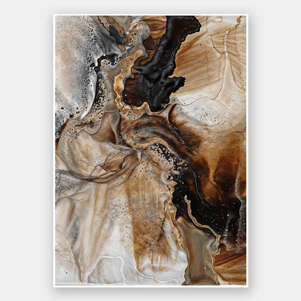 An abstract art print titled Terrain Tides II, featuring fluid, organic swirls in rich brown, beige, and black tones. The design mimics the natural movement of water and earth.