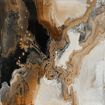 An abstract art print titled Terrain Tides III, featuring fluid swirls of earthy brown, beige, black, and grey tones. The organic design mirrors the natural movement of water and stone.