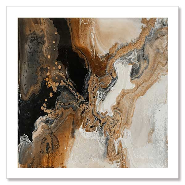 An abstract art print titled Terrain Tides III, featuring fluid swirls of earthy brown, beige, black, and grey tones. The organic design mirrors the natural movement of water and stone.