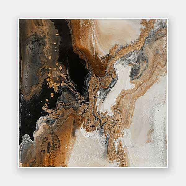 An abstract art print titled Terrain Tides III, featuring fluid swirls of earthy brown, beige, black, and grey tones. The organic design mirrors the natural movement of water and stone.