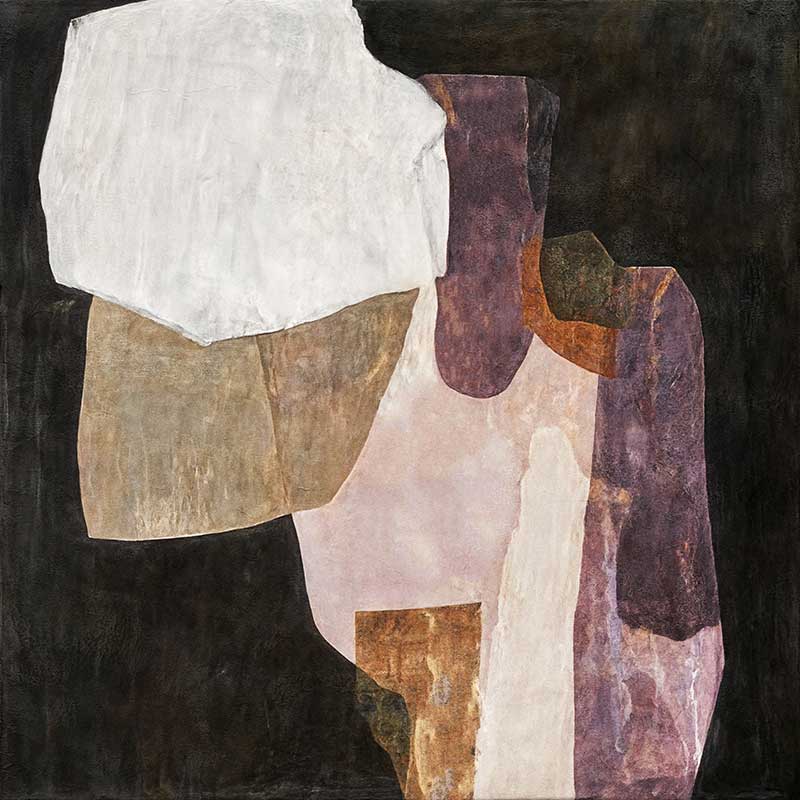 An abstract art print titled Chiaroscuro I, featuring layered organic shapes in deep brown, soft mauve, neutral beige, and black. The design creates a bold yet serene composition.