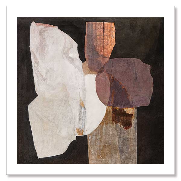 An abstract art print titled Chiaroscuro II, featuring layered organic shapes in deep brown, muted mauve, soft beige, and black. The textured design creates a bold yet harmonious composition.