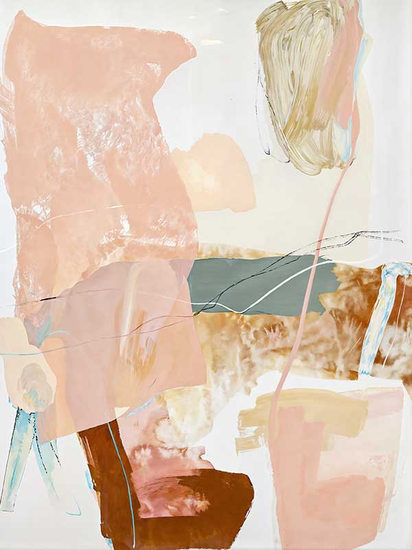 An abstract wall art print titled Floating On Air I, featuring soft blush, brown, and neutral tones with layered, organic textures that evoke the movement of nature.