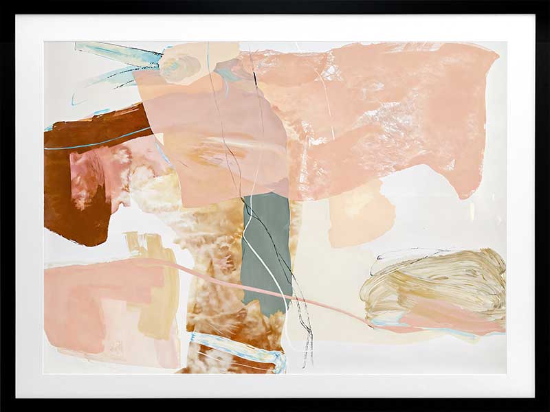 A framed Floating On Air I art print displayed in a lighter toned living space with a white bench, a soft white rug, flowy sheer curtains, and cosy decor.